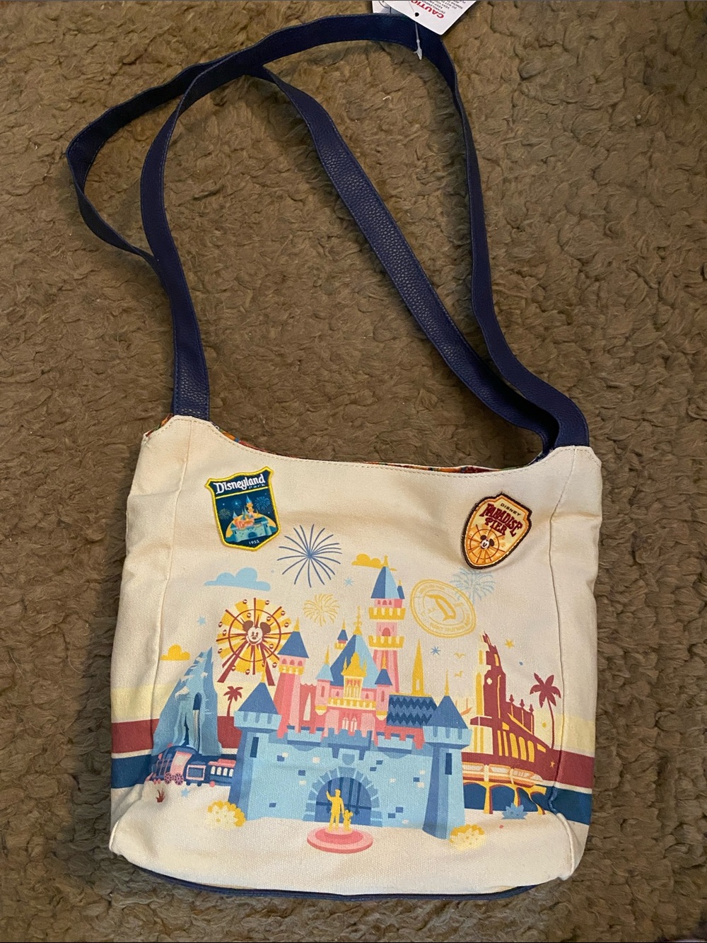 Disney Cream Crossbody Bag with Navy Strap and Pastel Castle Print